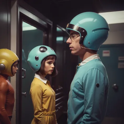 4k image from a 1960s science fiction film by Wes Anderson, Film the shape of Water, pastels colors, Young people in animal helm...