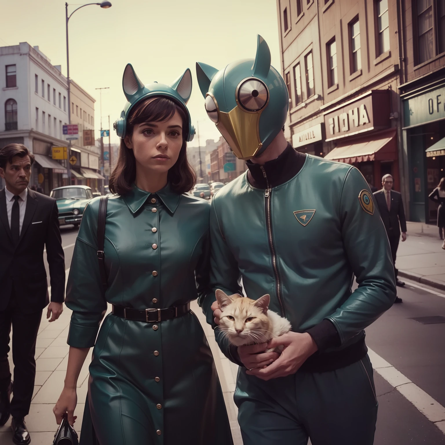 4k image from a 1960s science fiction film by Wes Anderson, Film the shape of Water, pastels colors, Young people in animal helmets holding a mechanical dog on the street, Retro-futuristic fashion clothes from the 60s with alien ornaments, Luz Natural, Psicodelia, futurista estranho, retro-futurista, photo-realistic, Sharp background details.