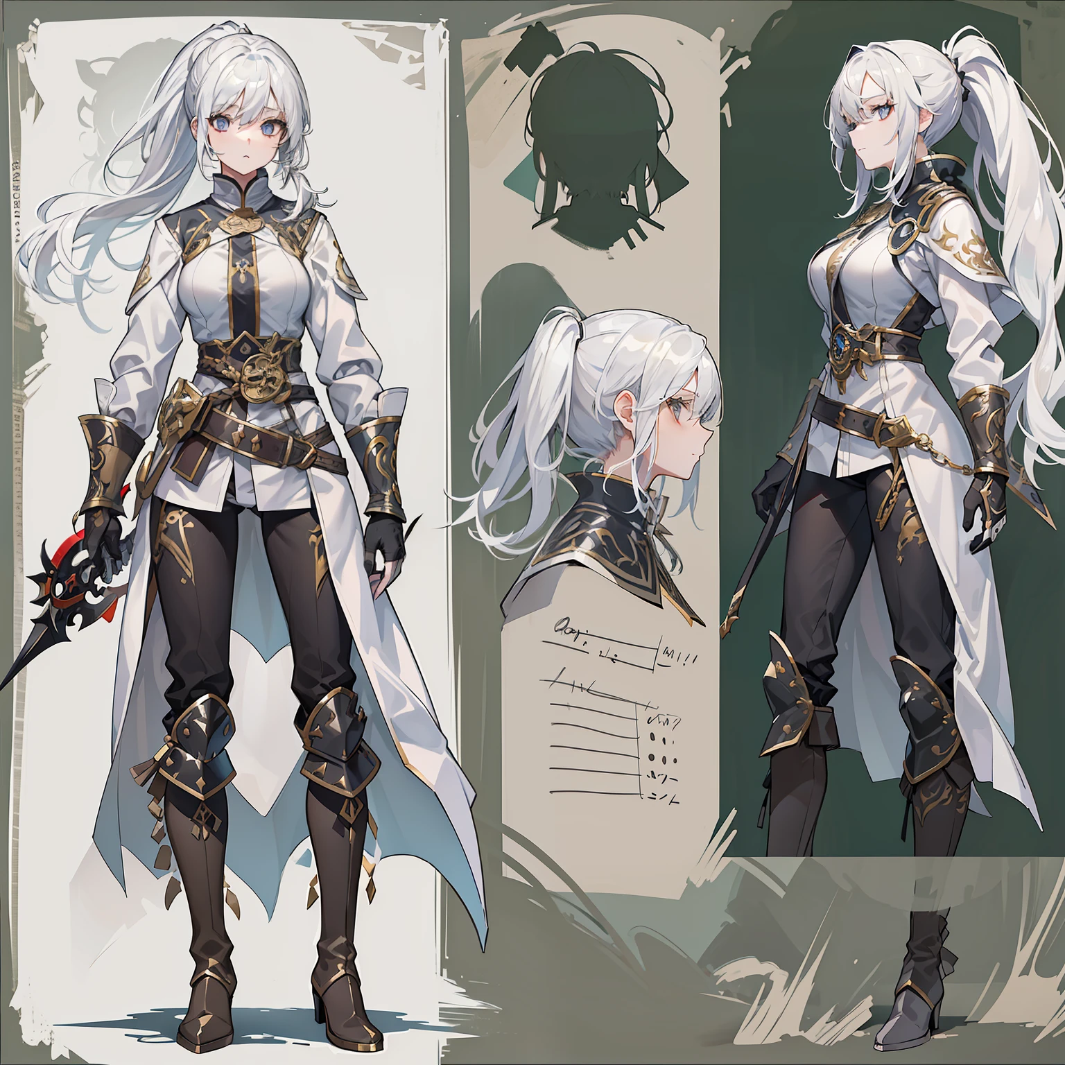 1 girl, solo, white hair, ponytail, long ponytail, gray eyes, white shirt, tight pants, white pantsmetal cuffs, black gloves, raincoat, high boots, metal greaves, medieval theme, looking at viewer, fantasy art, beautiful painting, guwaika style, epic exquisite character art, stunning characters, strong woman (reference sheet:1.5)