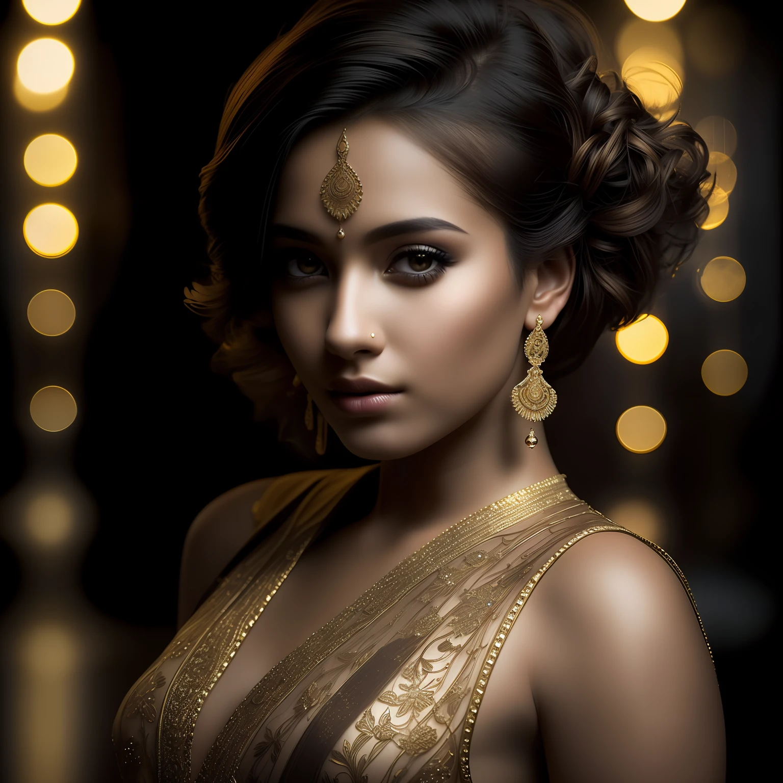 HyperSmoke, award winning portrait photo of an young gold woman, bokeh, backlit, (brown color in detail:1.1), elegant atmosphere, realistic, intricate details, true skin tone