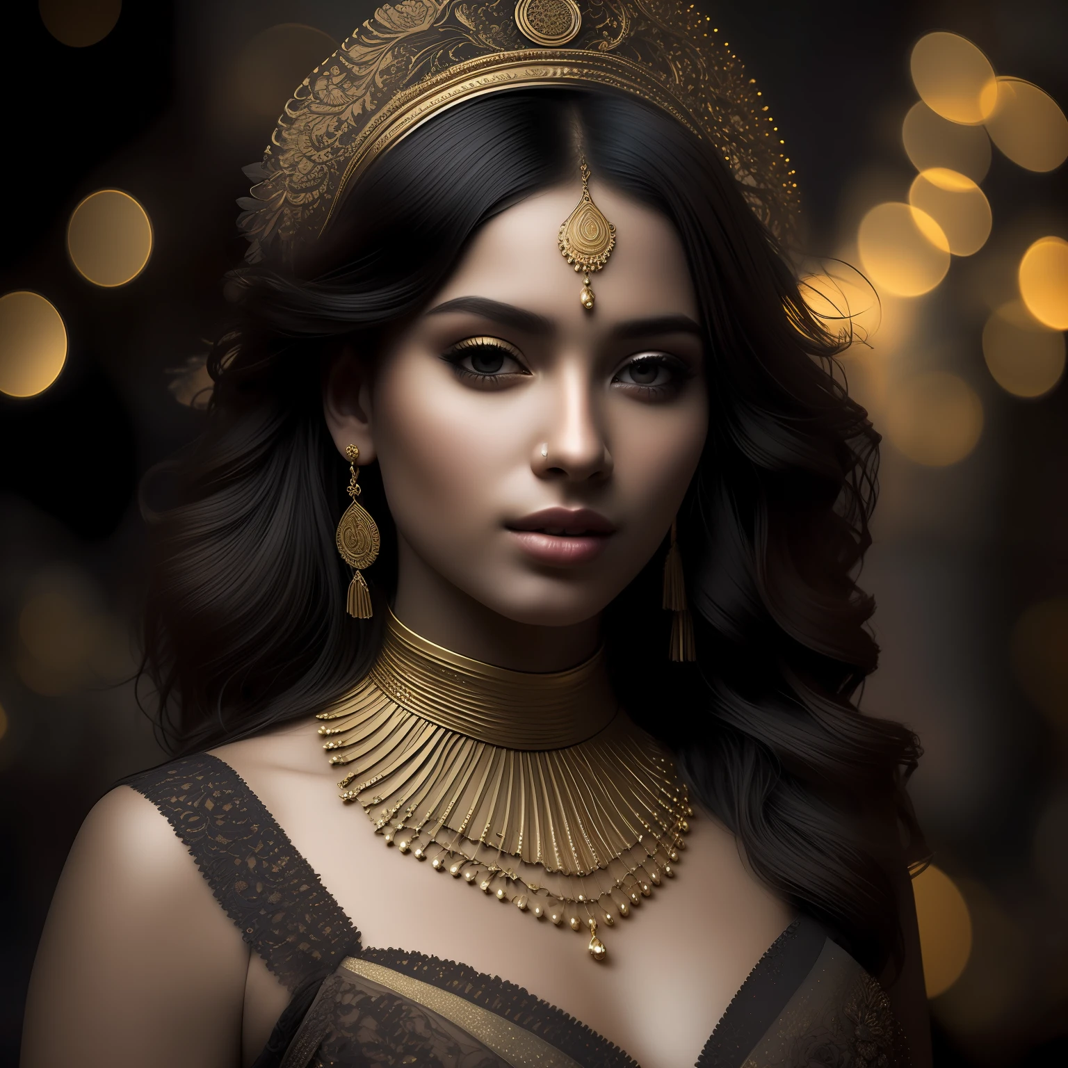 hiperhumo, foto de retrato premiada de una joven mujer dorada, bokeh, retroiluminado, (Color marrón en detalle:1.1), Ambiente elegante, Realista, detalles intrincados, Verdadero tono de piel