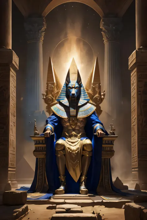 1man, solo, godanubis sitting on throne inside of pyramid, ornate, egypt, energy, aura, dust, debris, dune,