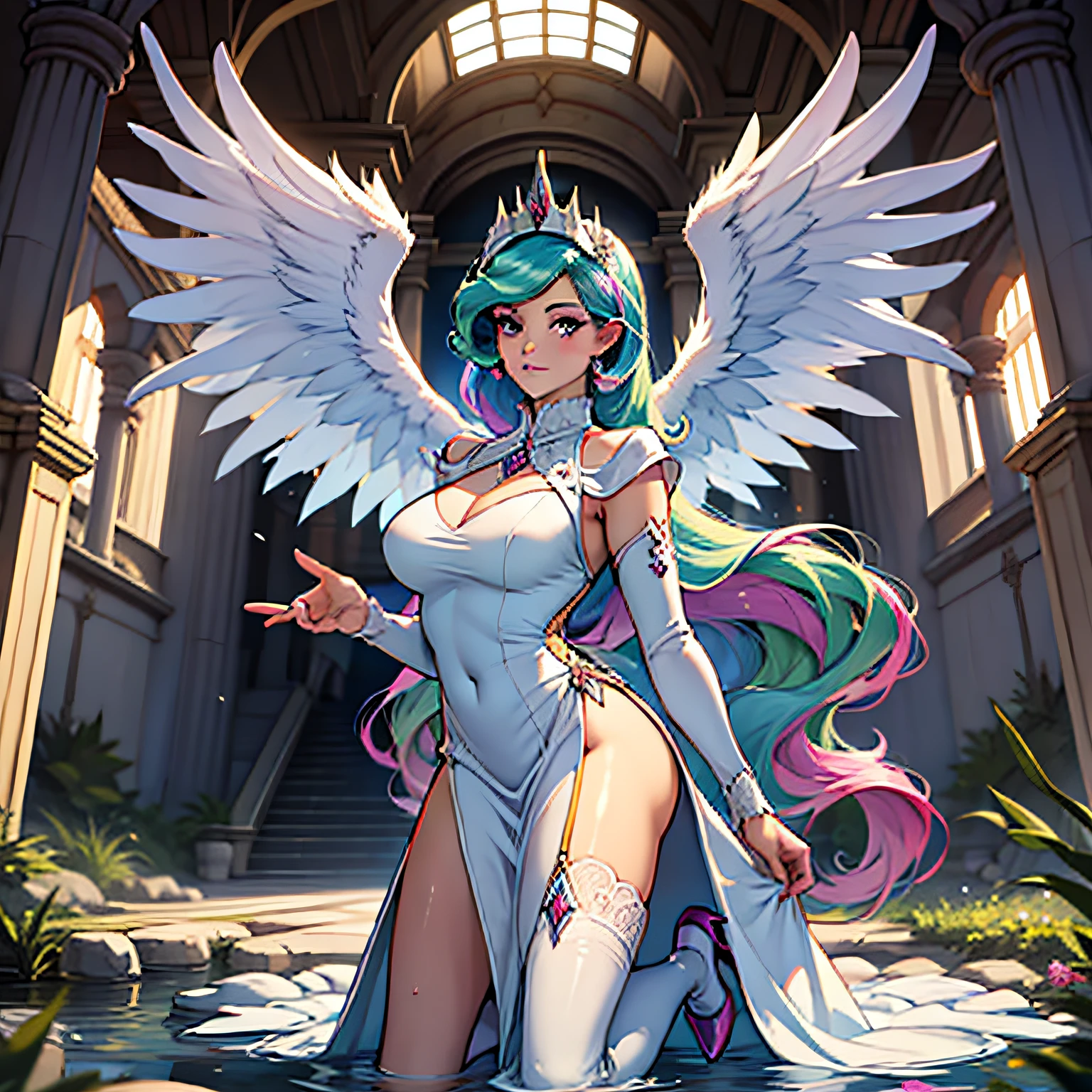 Celestiahuman, Princess Celestia from my little pony, Princess Celestia in the form of a girl, big breasts, lush breasts, voluminous breasts, elastic breasts, you can see the whole body, shin, heels, feet, five fingers, detailed hands, Big white angel wings behind the back, white feathers, thin lace white dress, the dress is wet, translucent, stands against the background of the palace, stands straight, white knee-high boots, palace in the mountain, waterfall from the palace, dawn, white feathers flying, palace far away