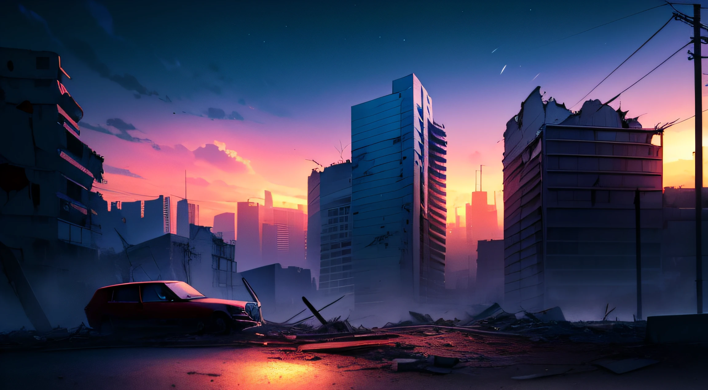 Project Zomboid style scene with destroyed buildings, USA, After Apocalypse, noite calma, roxo e azul, digital illustation, 4k arte digital altamente detalhada, Night scenery, anime art wallpaper 4k, anime art wallpaper 4 k, 4k arte digital detalhada, paisagem sombria noturna, anime art wallpaper 8 k, arte de fundo, bela arte uhd 4 k, 4K HD papel de parede ilustrativo