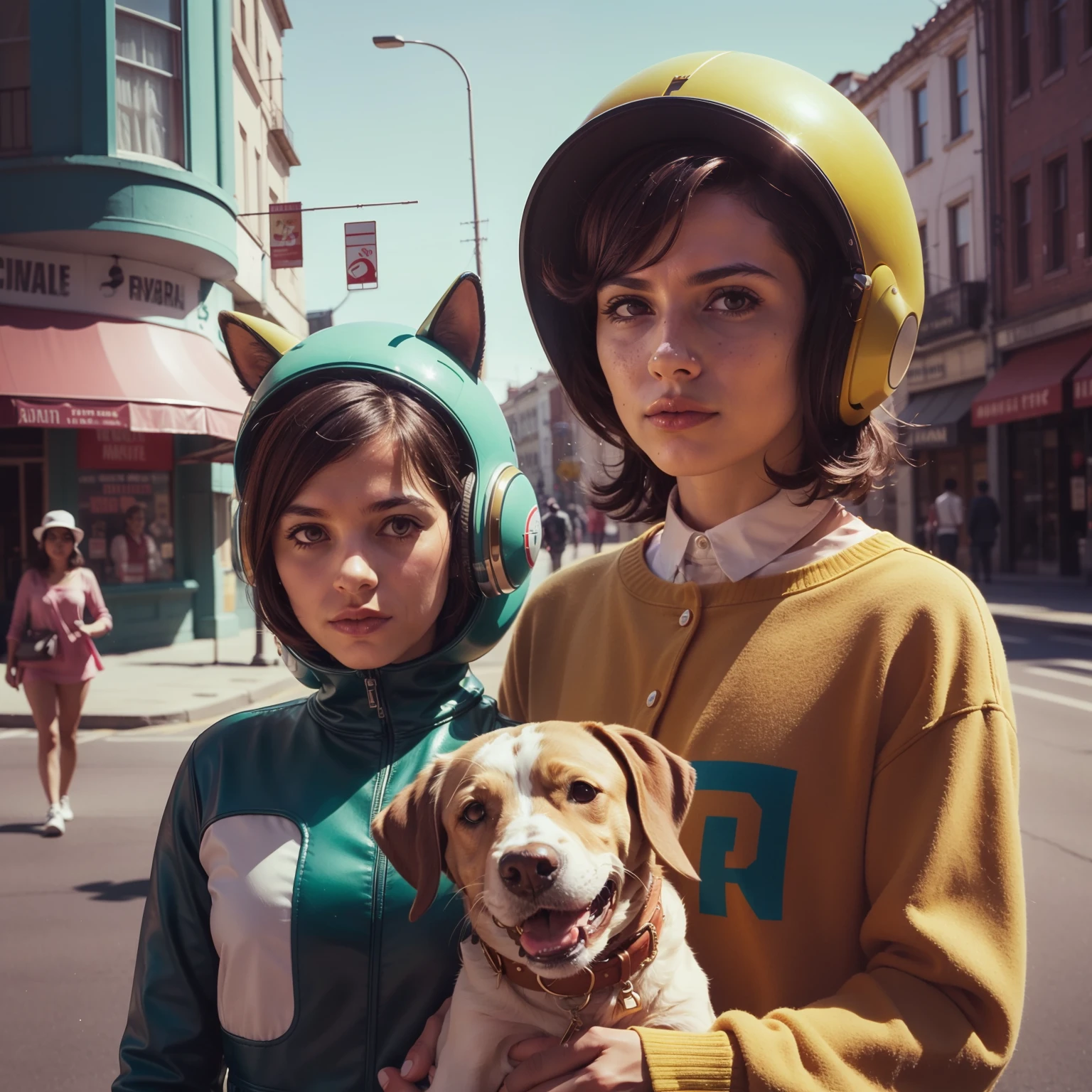 4k-Bild aus einem Science-Fiction-Film von Wes Anderson aus den 1960er Jahren, Jeden Tag gefilmt, Pastellfarben, Junge Leute in Tierhelmen halten einen mechanischen Hund auf der Straße, Retro-futuristische Modekleidung aus den 60er Jahren mit Alien-Ornamenten, Natürliches Licht, Psychedelisch, seltsam futuristisch, retro-futuristisch, fotorealistisch, Scharfe Hintergrunddetails.