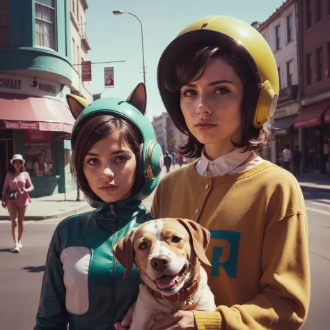 4k image from a 1960s science fiction film by Wes Anderson, Filme Her, pastels colors, Young people in animal helmets holding a ...