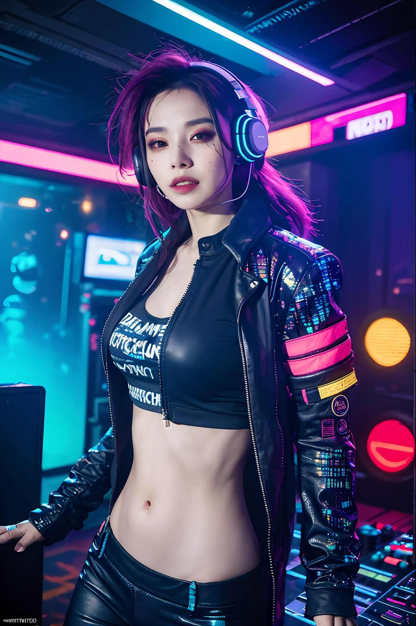 upper body,  female dj, cyberpunk clothes , quirky, vibrant appearance,  playful accessories, creative behavior, imaginative, sensual, spontaneous, dj headphones, mixing console, music club, night club, indie theaters, people dancing on the dance floor background,  underground danceclub,  highest quality, skin texture, intricate details, (cinematic lighting), RAW photo, 8k