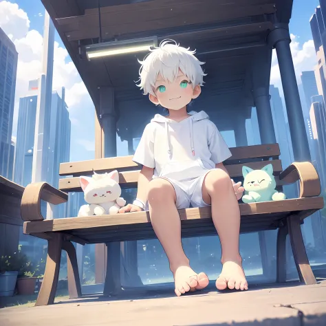 4K), little boy with white hair and green eyes and barefoot and white Onesie pajama small tiny feet, smirking, He sits on a Benc...