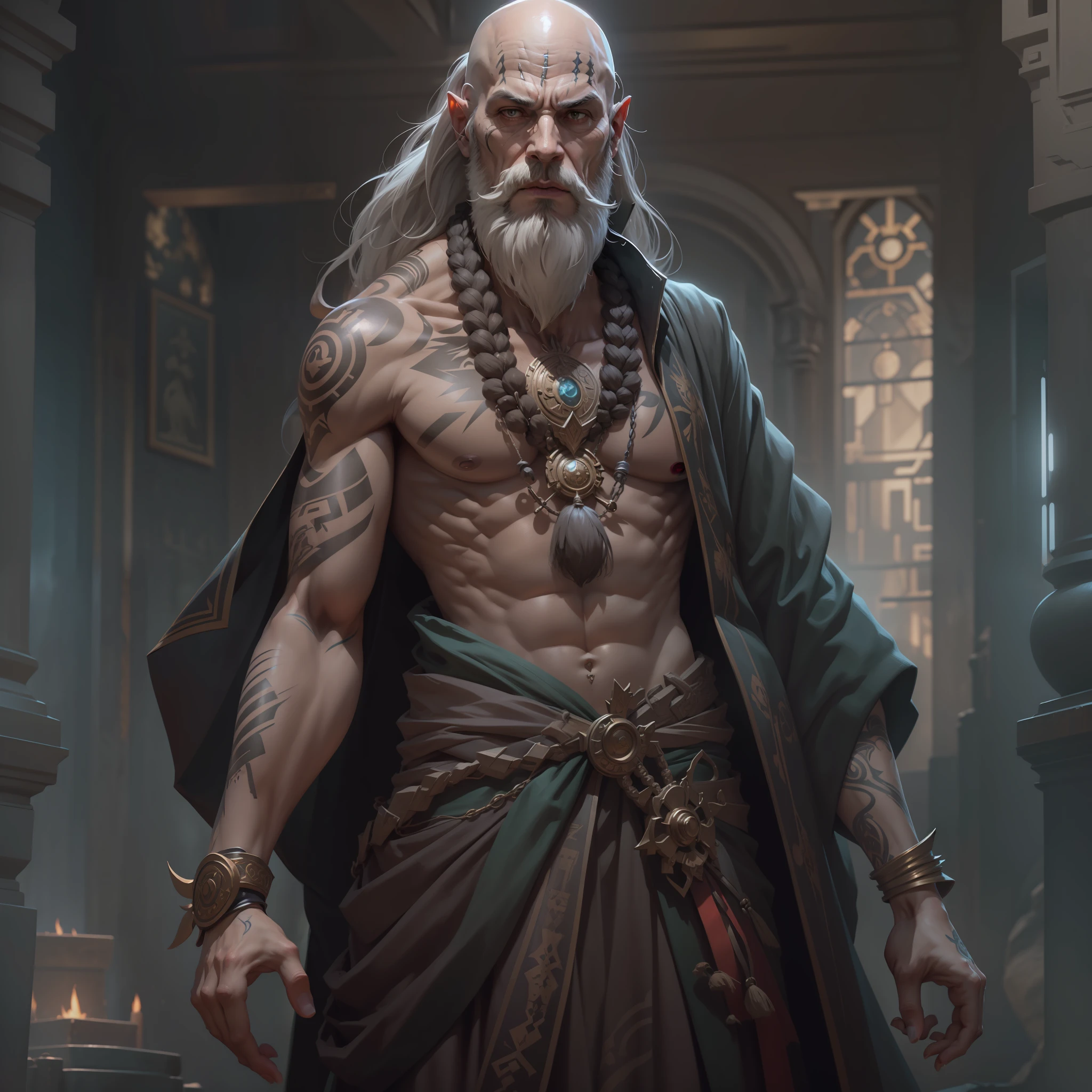 (full body), bald old mage with a giant beard that goes down to his ...