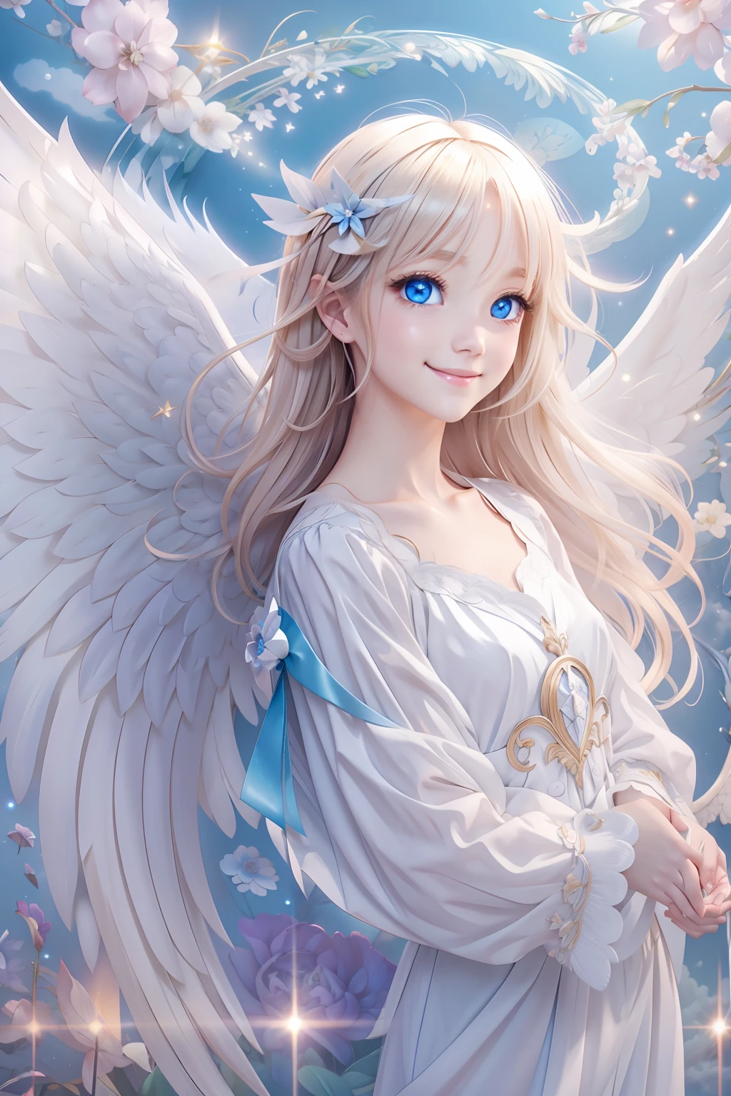 Anjo de olhos azuis、Anjos mais lindos、Anjo Fantástico、Fundo celestial、Brilho、Um sorriso