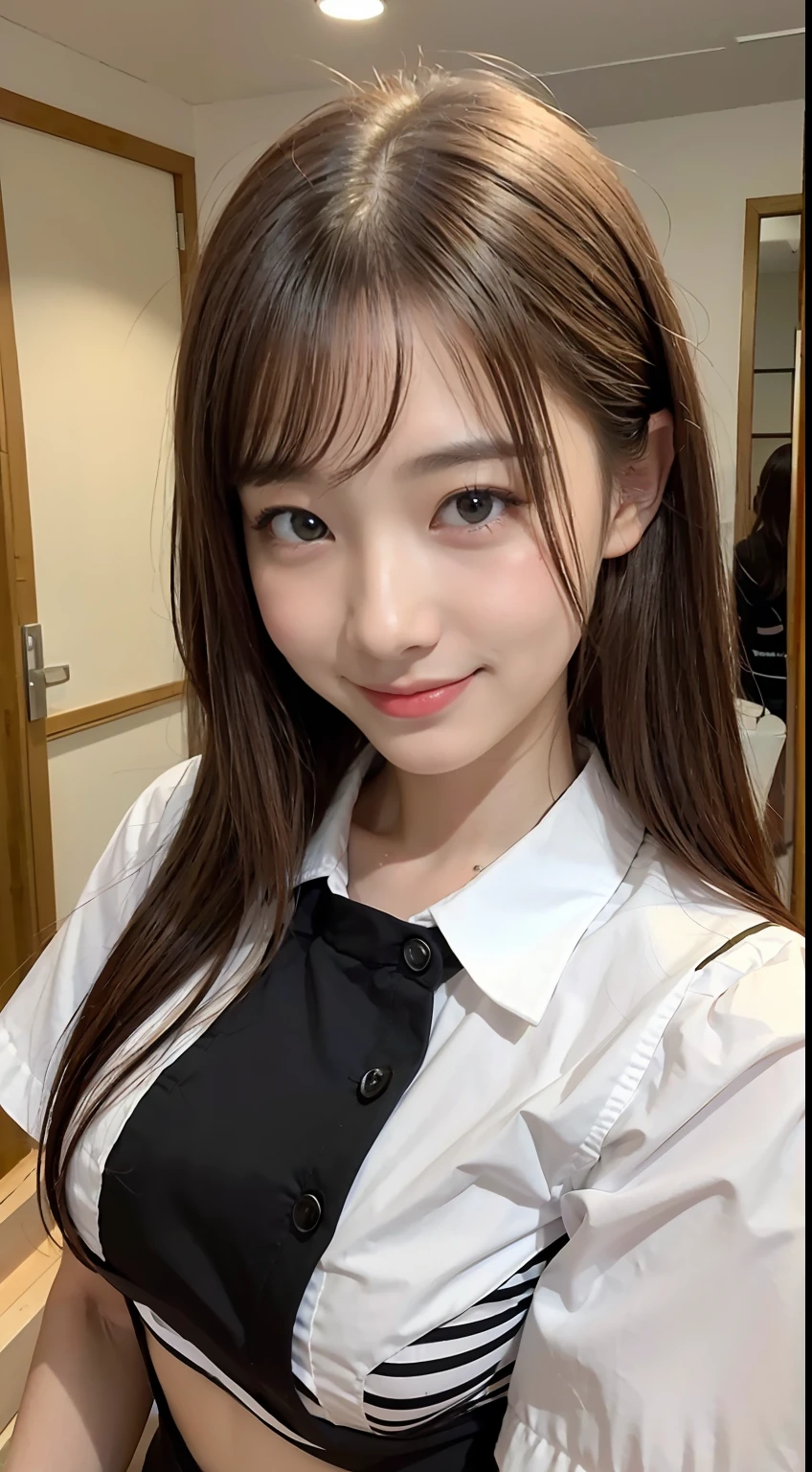 ((top-quality、8k、​masterpiece:1.3))、Pretty women、20 years girl、Fair skin color、K-pop Idol Face、Colossal tits:1、slender figures:1、dark brown hair、(white walls)、(Waitress uniform)、hyperdetailed face、Detailed lips、A detailed eye、double eyelid、sexy  pose、A smile、Sexy Shots、Raw photo、a baby face、kawaii faces、Cute、