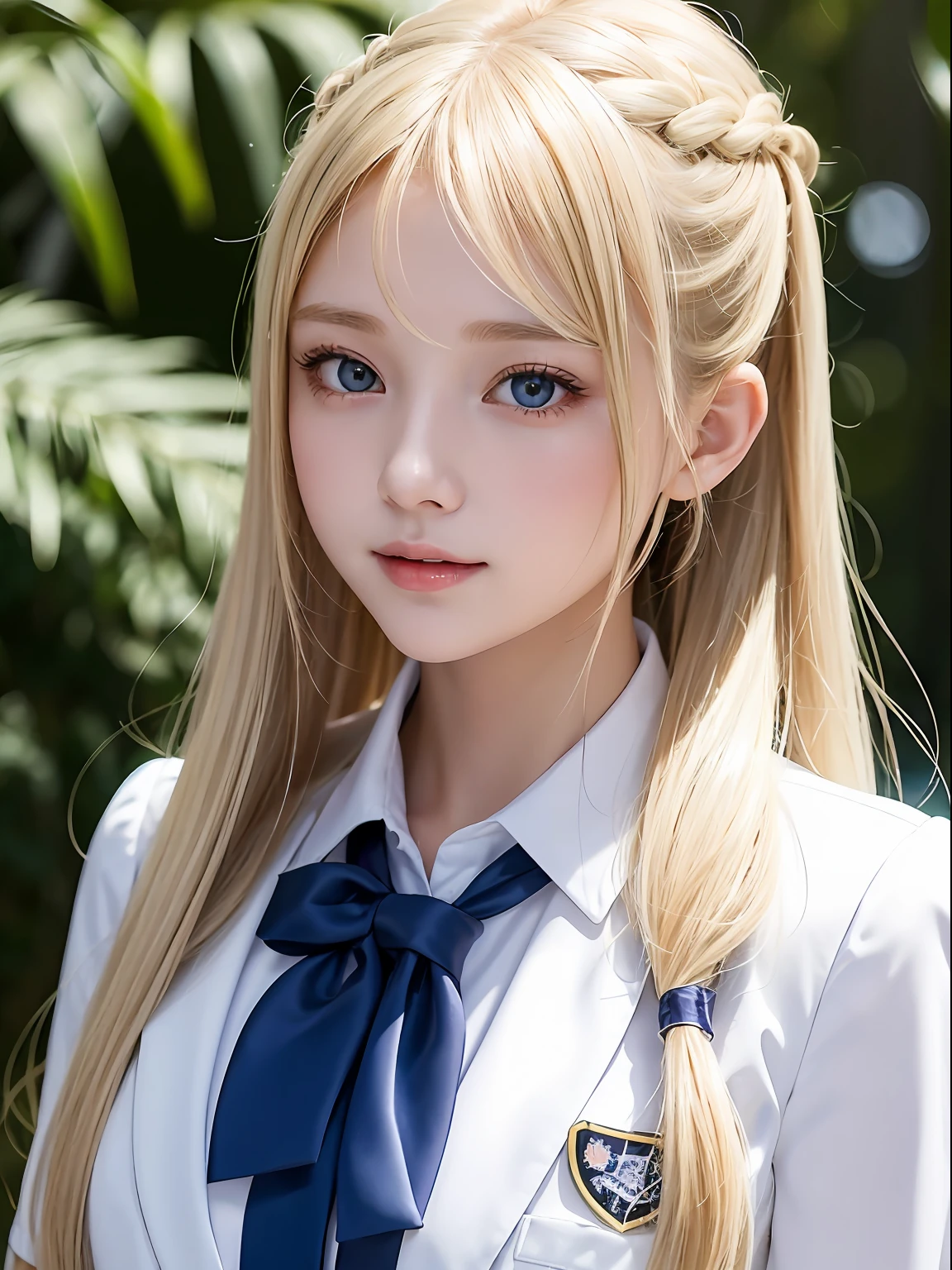 portlate、School Uniforms、bright expression、poneyTail、Young shiny shiny white shiny skin、Best Looks、Natural blonde hair with dazzling highlights、shiny light hair,、Super long silky straight hair、Beautiful bangs that shine、Glowing crystal clear attractive big blue eyes、Very beautiful nice cute  girl、Lush bust