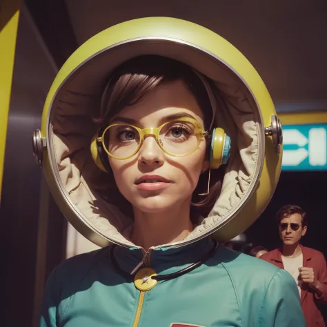 4k image from a 1960s science fiction film by spike jonze , filme her, pastels colors, jovens vestindo goggles segurando malas e...