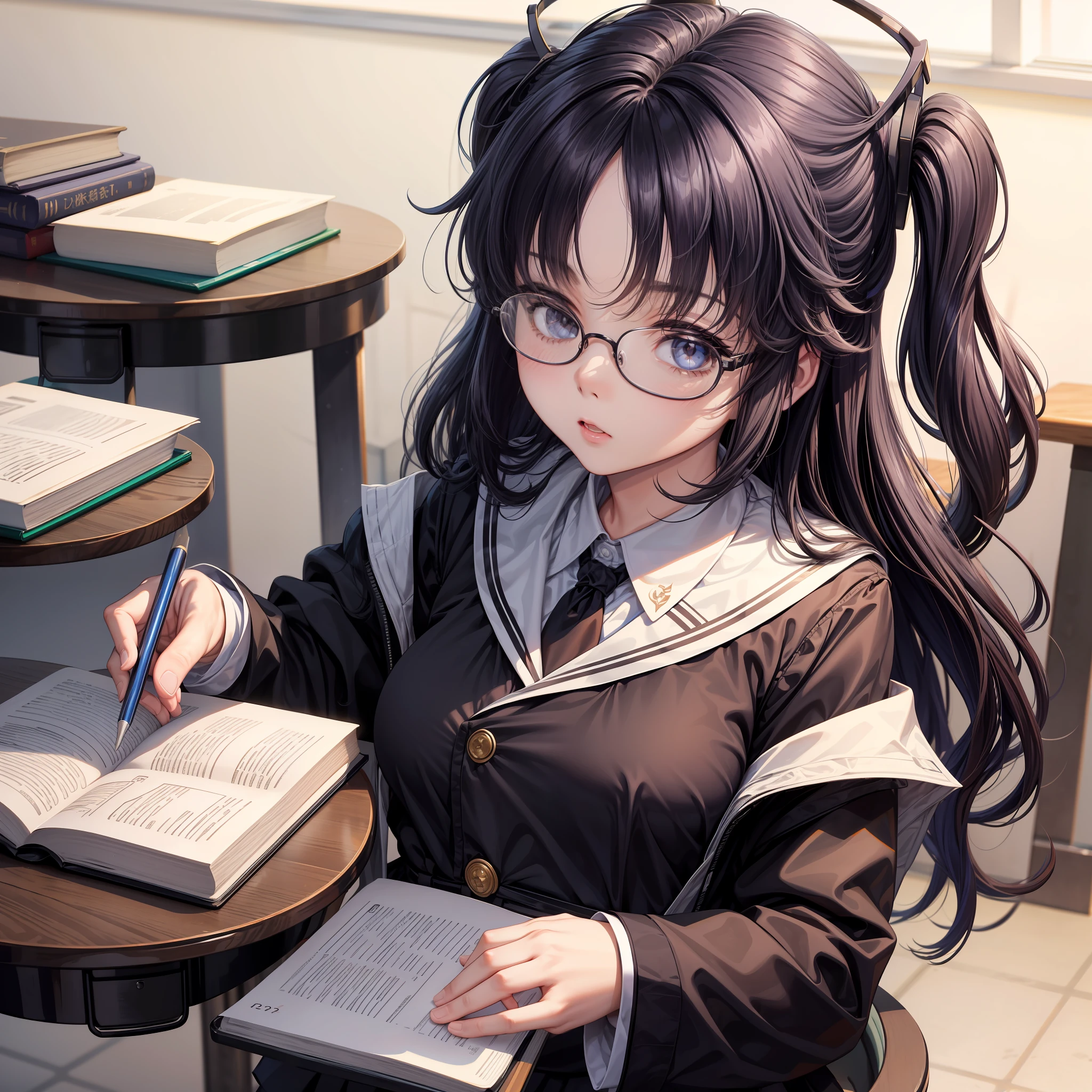 Master masterpieces，1 girl，‎Classroom，Fine-rimmed glasses，Black eyes，Black color hair，long whitr hair，s the perfect face，largeeyes，Detailed portrayal of the face，Bigchest，Chinese school uniform，looking at book，sideface