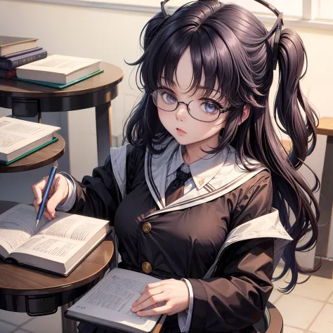 master masterpieces，1 girl，‎classroom，fine-rimmed glasses，black eyes，black color hair，long whitr hair，s the perfect face，largeey...