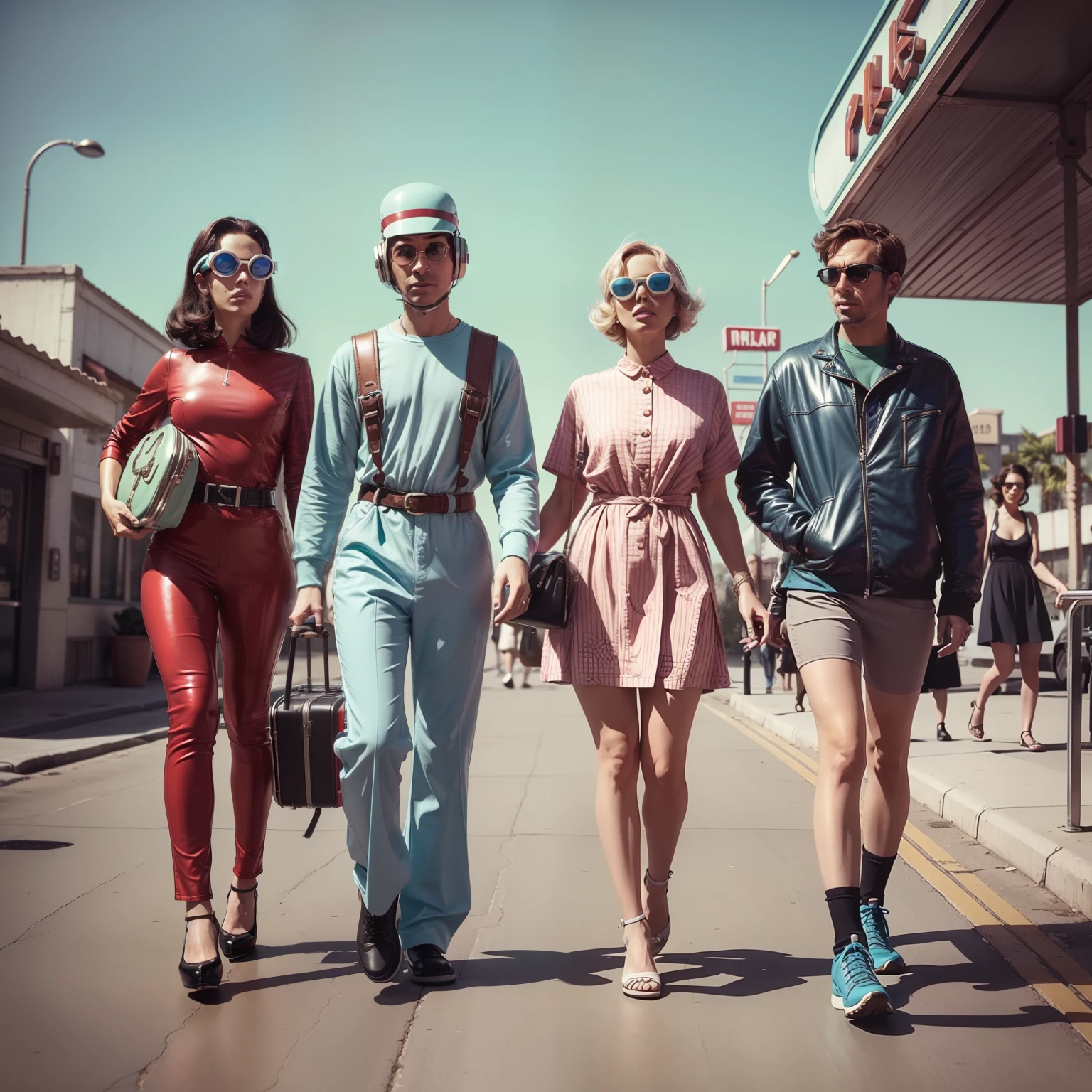 4k image from a 1960s science fiction film by Spike Jonze , Filmes HER, pastels colors, Young people wearing retro-futuristic alien goggles and holding colorful suitcases and chests at the bus stop, Retro-futuristic fashion clothes from the 60s with old robots, Luz Natural, Psicodelia, futurista estranho, retro-futurista, photo-realistic, Sharp background details.