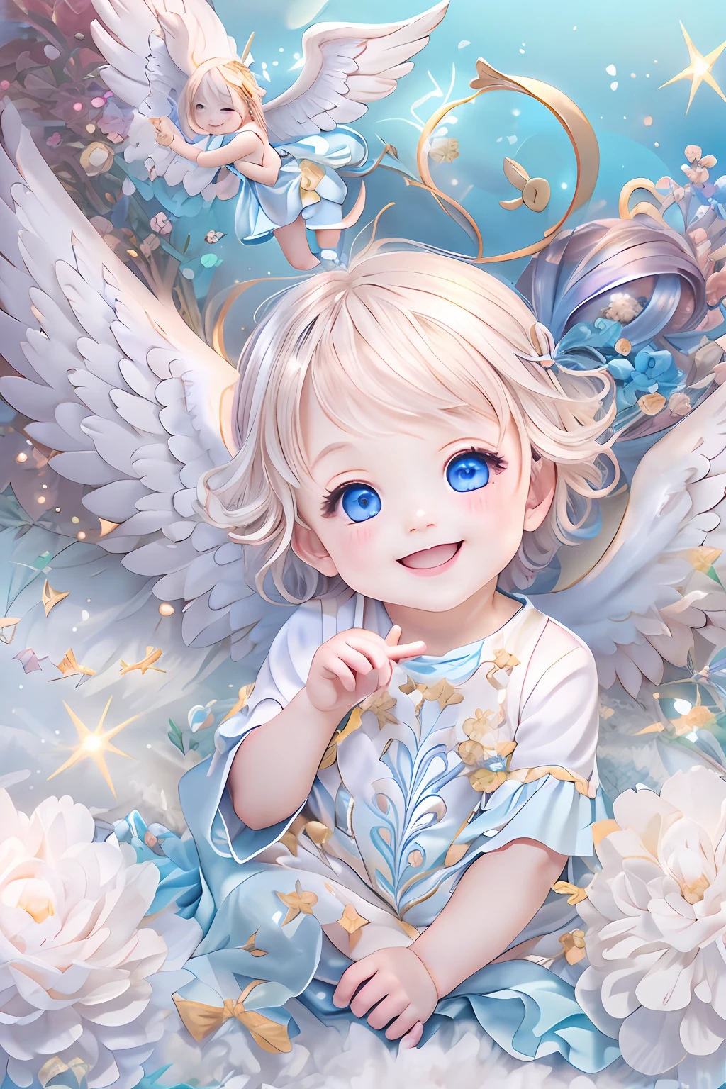 Ángel de ojos azules、Más Ángeles Hermosos、Ángel fantástico、fondo celestial、brillantez、Una sonrisa、Ángel bebé