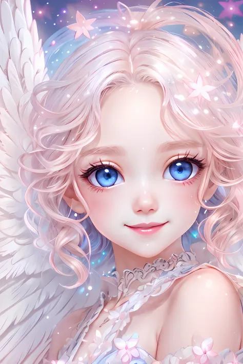 blue-eyed angel、more beautiful angels、fantastic angel、heavenly background、brilliance、a smile、pink back ground