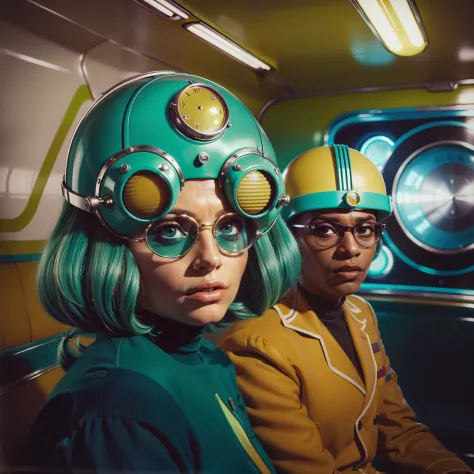 4k image from a 1960s science fiction film by Wes Anderson, Filme O Grande Hotel Budapeste, pastels colors, Young people wearing retrofuturistic alien glasses and holding colorful suitcases and chests on the bus, Retro-futuristic fashion clothes from the 6...