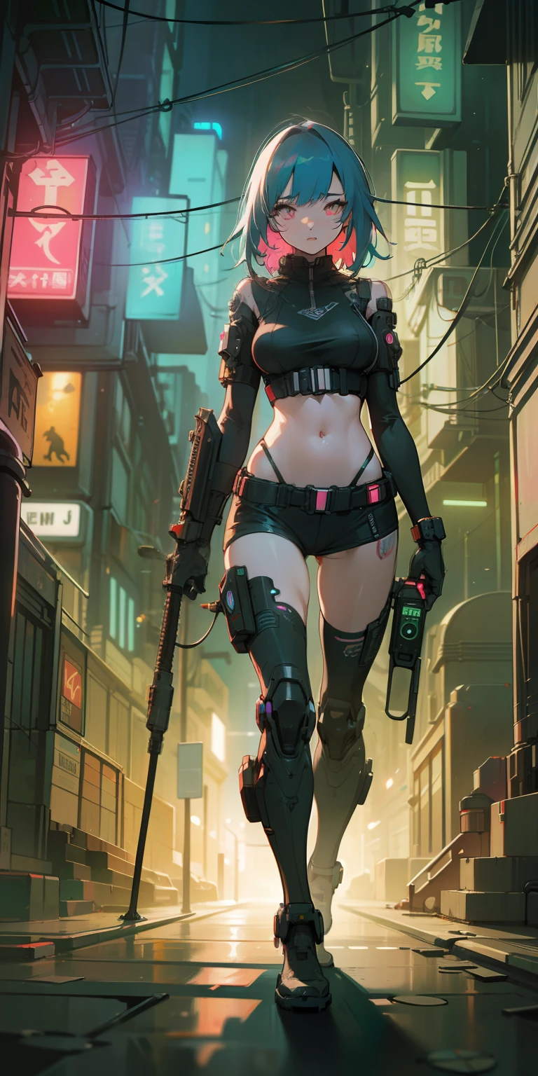 (an artistic photograph of a cyberpunk prostitute),full body shot, centered, (extremely detailed:1.2), (intricate neon slums in the background:1.1), hyper-detailed, (soft lighting:1.2), high resolution, filmic grain.