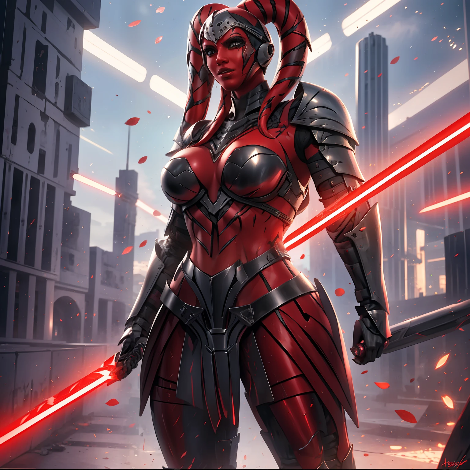 Strong red skin twi'lek gladiator, heavy black armor, dual red lightsabers, modest, fully clothed, heavy armor, battle armor, knight plate, large breasts