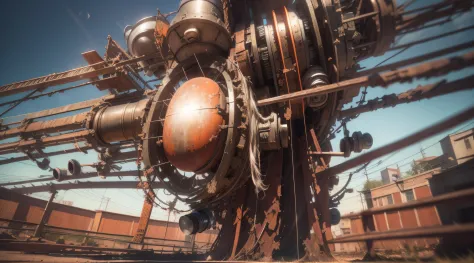 a heavily distorted, fading late morning clear sky, a singular object comprised of contorted feathers/machinery/pipes/rusted components is floating in the air, steel strings weave into each other, extra detail, 4kHD details, best resolution, surrealistic c...