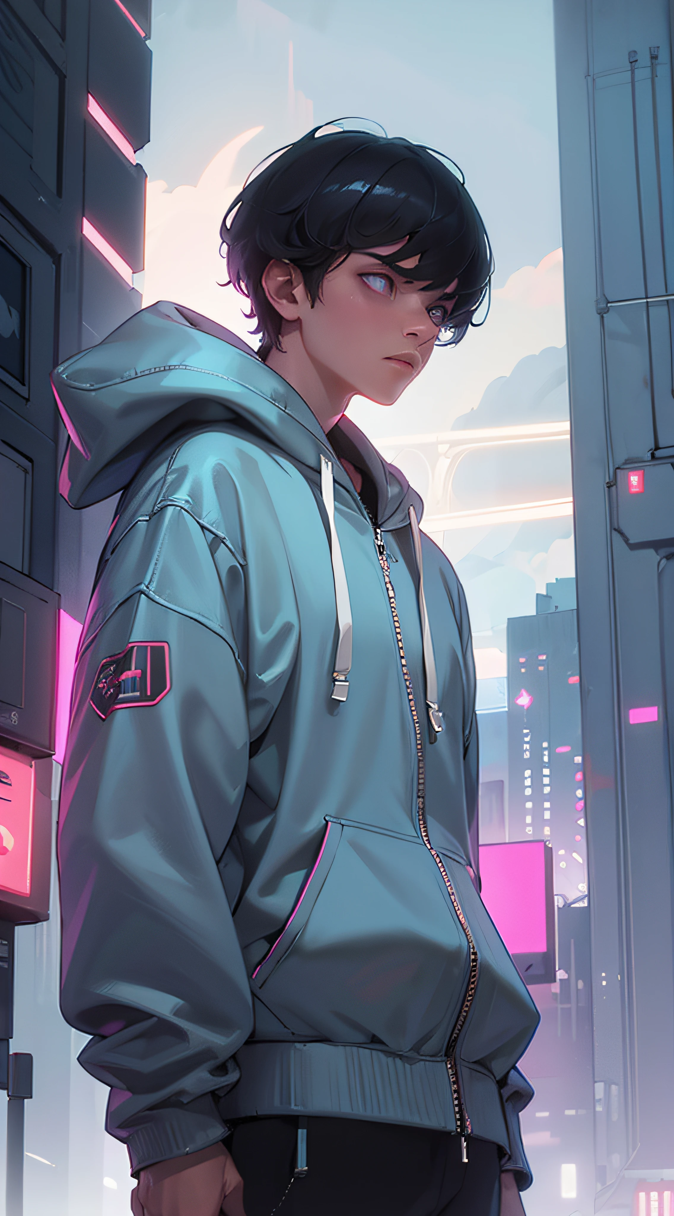 (best quality, masterpiece), 1boy, cyberpunk, hoodie, neon, cloudy sky,