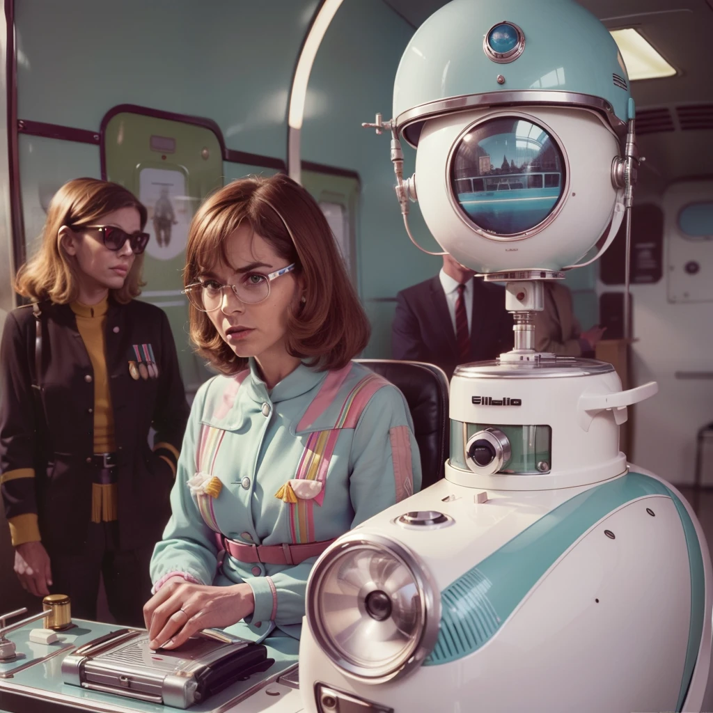 4k-Bild aus einem Science-Fiction-Film von Wes Anderson aus den 1960er Jahren, Filme O Grande Hotel Budapeste, Pastellfarben, Junge Leute mit retrofuturistischen Alien-Brillen und bunten Koffern und Truhen im Bus, Retro-futuristische Modekleidung aus den 60er Jahren mit alten Robotern, Natürliches Licht, Psychedelisch, seltsam futuristisch, retro-futuristisch, fotorealistisch, Scharfe Hintergrunddetails.