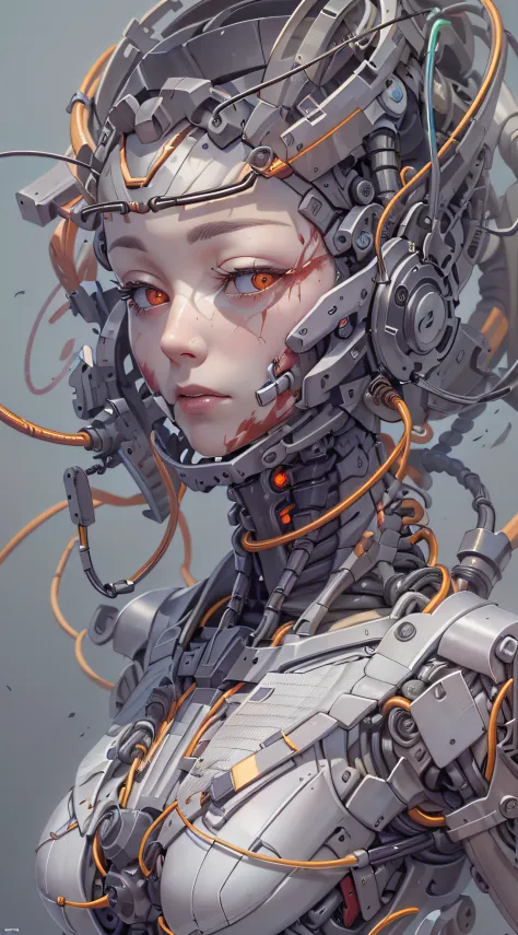 (((masterpiece))), ((best quality)), ((ultra-detailed)), (CG illustration), (an extremely devious and beautiful)), cinematic light, ((1 mechanical girl)), single, full, (machine-made joints: 1.4), ((mechanical limb)), ( blood vessels attached to the tube),...