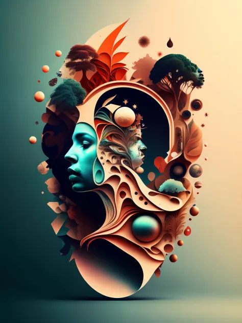 a stylized image of a person's head with many different things in it, cozinha, praia, Gymnastics