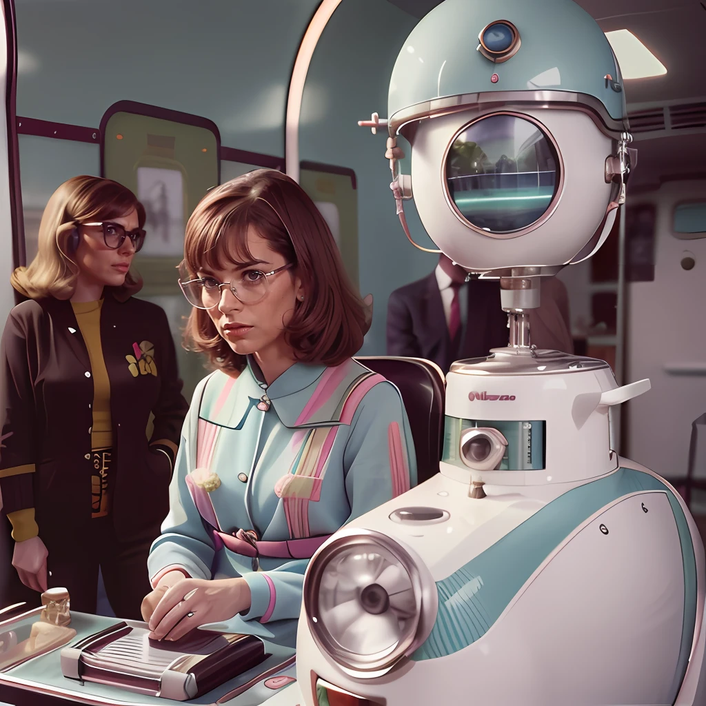 4k image from a 1960s science fiction film by Wes Anderson, Filme O Grande Hotel Budapeste, pastels colors, Young people wearing retrofuturistic alien glasses and holding colorful suitcases and chests on the bus, Retro-futuristic fashion clothes from the 60s with old robots, Luz Natural, Psicodelia, futurista estranho, retro-futurista, photo-realistic, Sharp background details.