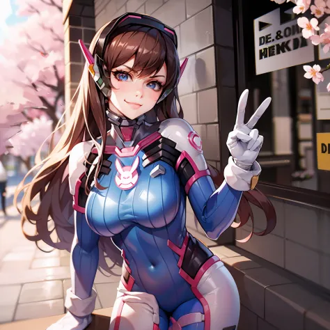 cowboy shot, d.va, peace sign, long hair, ribbed bodysuit, clothes writing, arrogant smirk, cherry blossoms in background, sunlight,best quality