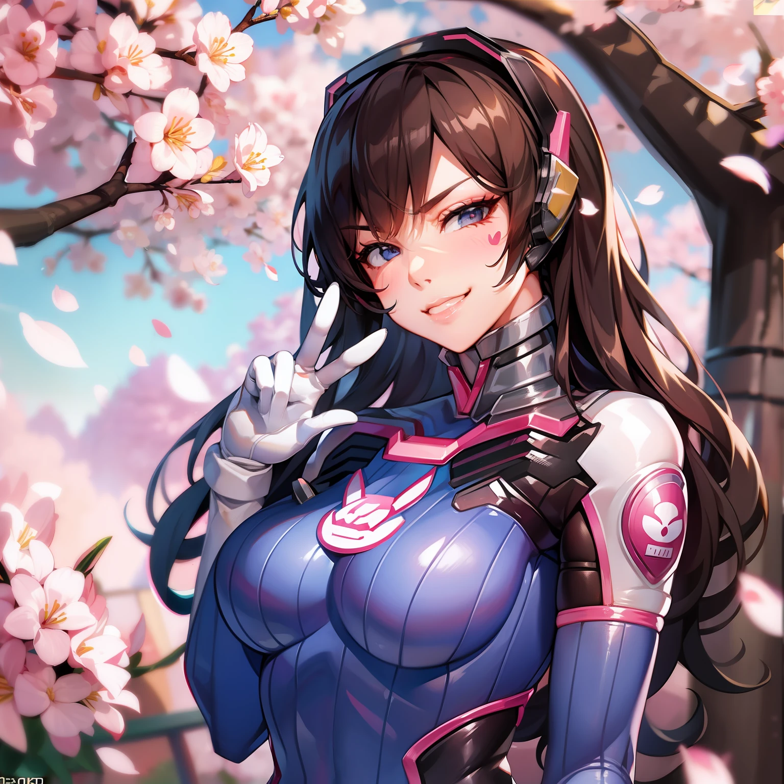 cowboy shot, d.va, peace sign, long hair, ribbed bodysuit, clothes writing, arrogant smirk, cherry blossoms in background, sunlight,best quality