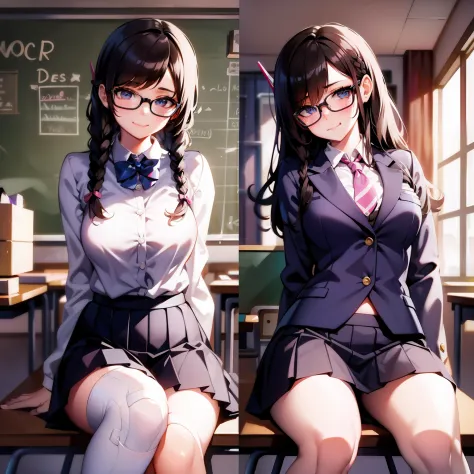 d.va, waist up, twin braids, blazer, seductive pose, sitting, bespectacled, looking at viewer, school uniform, classroom, pleate...