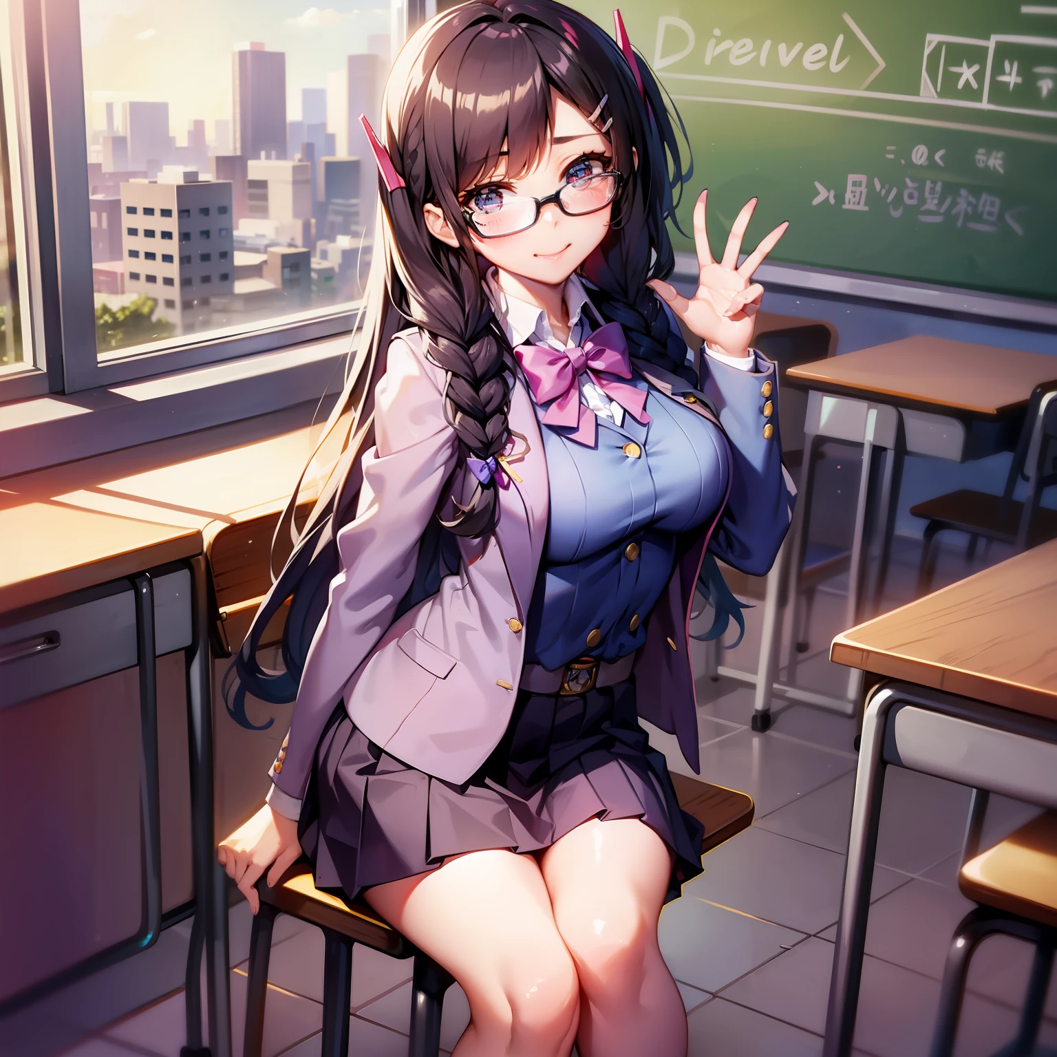 d.va, waist up, twin braids, blazer, seductive pose, sitting, bespectacled, looking at viewer, , classroom, pleated skirt, full body,best quality