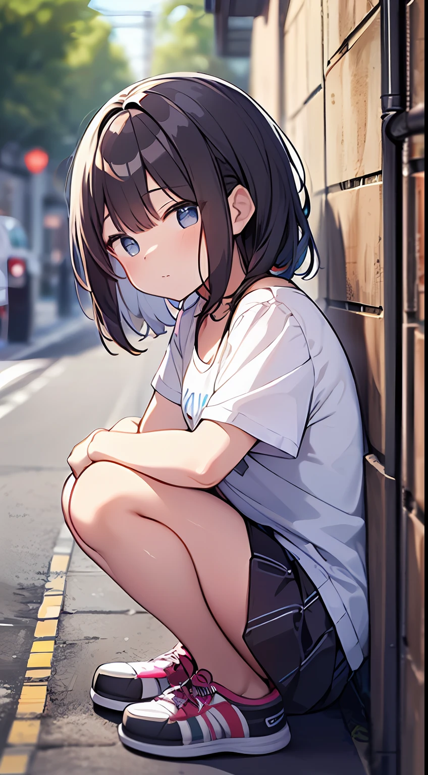 (top-quality、32K image quality、​masterpiece、nffsw:1.2)、a cute loli、Medium short hair、short braiding、beauitful face、(Slouched:1.3)、crouching down、(From  above:1.2)、(a closeup:1.4)、、((You can see the chest))、Bust Up Perspective、Loose baggy T-shirt、(beautiful nipple slips:0.9)、outside of house、the wind、shinny skin、blurry backround