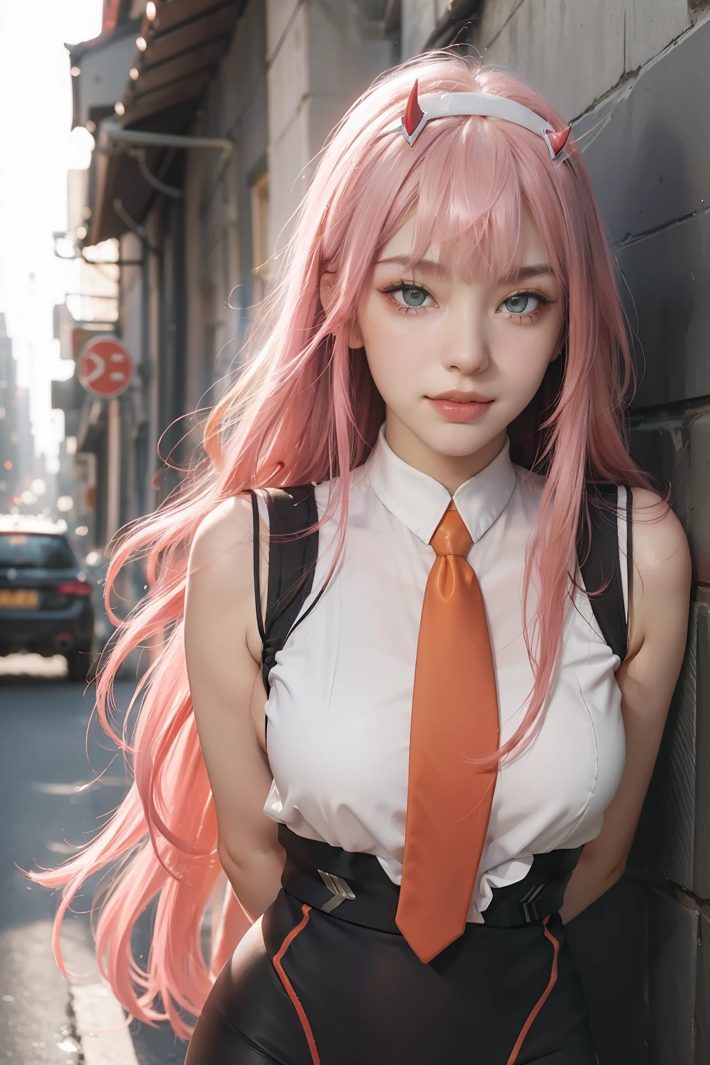 4k, raw camera, highres, masterpiece, portrait, aesthetic, beautiful, best quality, highly detaile, best quality clothing, aesthetic clothings, professional angle, rule of thirds, Feminine, delicate, beautiful, 19 years, attractive, solo, 1 girl, (Zero Two), (In an alley), (Upper Body, Close Up), ((From Looking at Viewer)), (Low Lighting), ((Smiling)), (Long Hair, Pink Hair, Very Straight Hair, Bangs, Blunt Bangs Hair, Little Red Oni Horns in hair), (Open Eyes, Aqua Eyes, DarkPink Eyeliner in Eyes, Very Cheerful Gaze), Soft Skin, (-), ((Standing, (Leaning Forward), Straight-On)), Beautiful Teeth, Perfect Teeth, White HairBand, (Half Open Mouth), (Natural Lips), (Medium Breast), ((Arms Behind Back, Hands Behind Back)), (Red Military Uniform, Full Black Tights, Necktie, Orange Necktie, Opaque Clothing, High Quality Clothing), (No Neckline), beautiful body, beautiful eyes, shiny eyes, shiny hair, beautiful mouth, beautiful lips, beautiful face, hd, matt suit