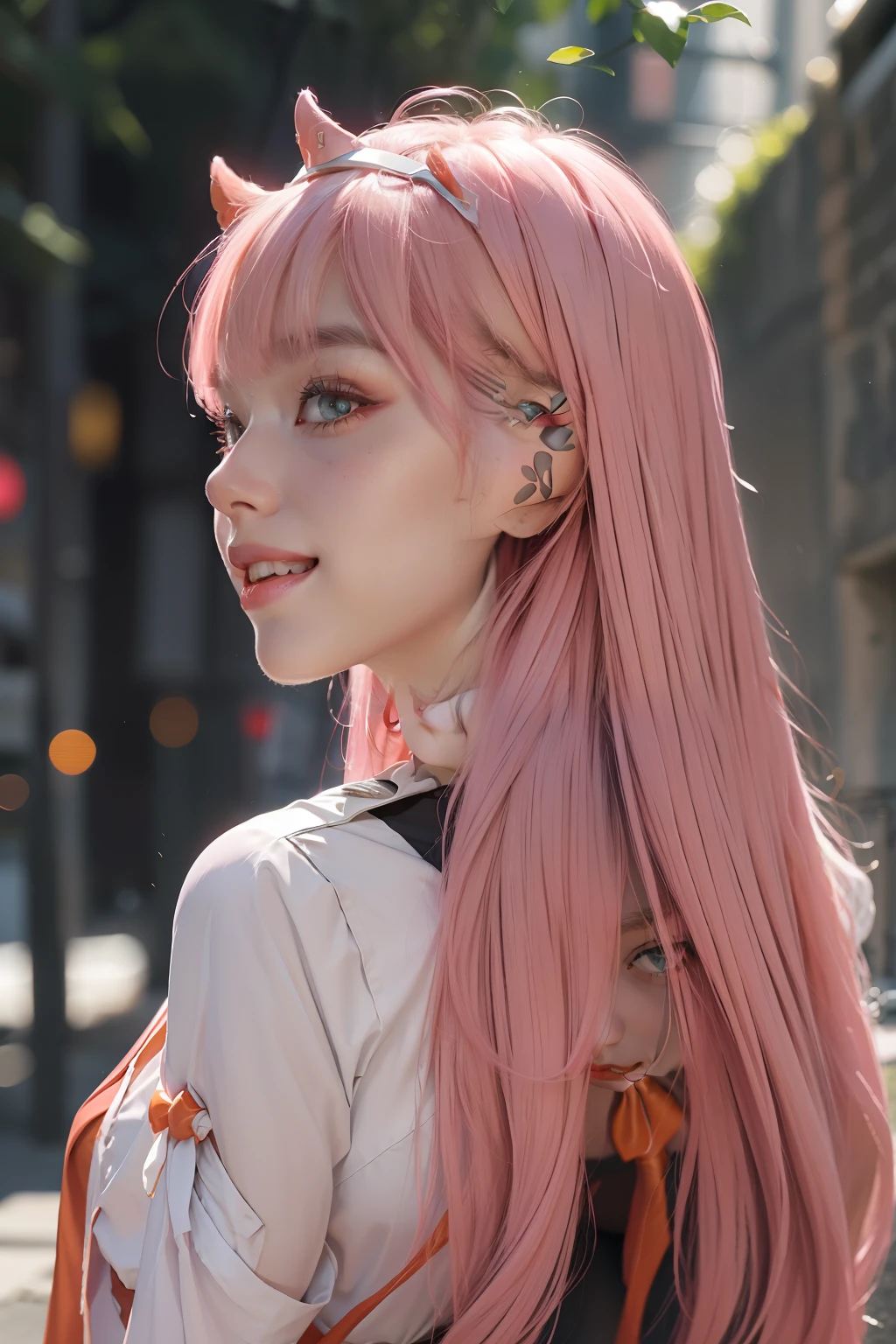 4k, raw camera, highres, masterpiece, portrait, aesthetic, beautiful, best quality, highly detaile, best quality clothing, aesthetic clothings, professional angle, rule of thirds, Feminine, delicate, beautiful, 19 years, attractive, solo, 1 girl, (Zero Two), (In an alley), (Upper Body, Close Up), ((From Looking at Viewer)), (Low Lighting), ((Smiling)), (Long Hair, Pink Hair, Very Straight Hair, Bangs, Blunt Bangs Hair, Little Red Oni Horns in hair), (Open Eyes, Aqua Eyes, DarkPink Eyeliner in Eyes, Very Cheerful Gaze), Soft Skin, (-), ((Standing, (Leaning Forward), Straight-On)), Beautiful Teeth, Perfect Teeth, White HairBand, (Half Open Mouth), (Natural Lips), (Medium Breast), ((Arms Behind Back, Hands Behind Back)), (Red Military Uniform, Full Black Tights, Necktie, Orange Necktie, Opaque Clothing, High Quality Clothing), (No Neckline), beautiful body, beautiful eyes, shiny eyes, shiny hair, beautiful mouth, beautiful lips, beautiful face, hd, matt suit