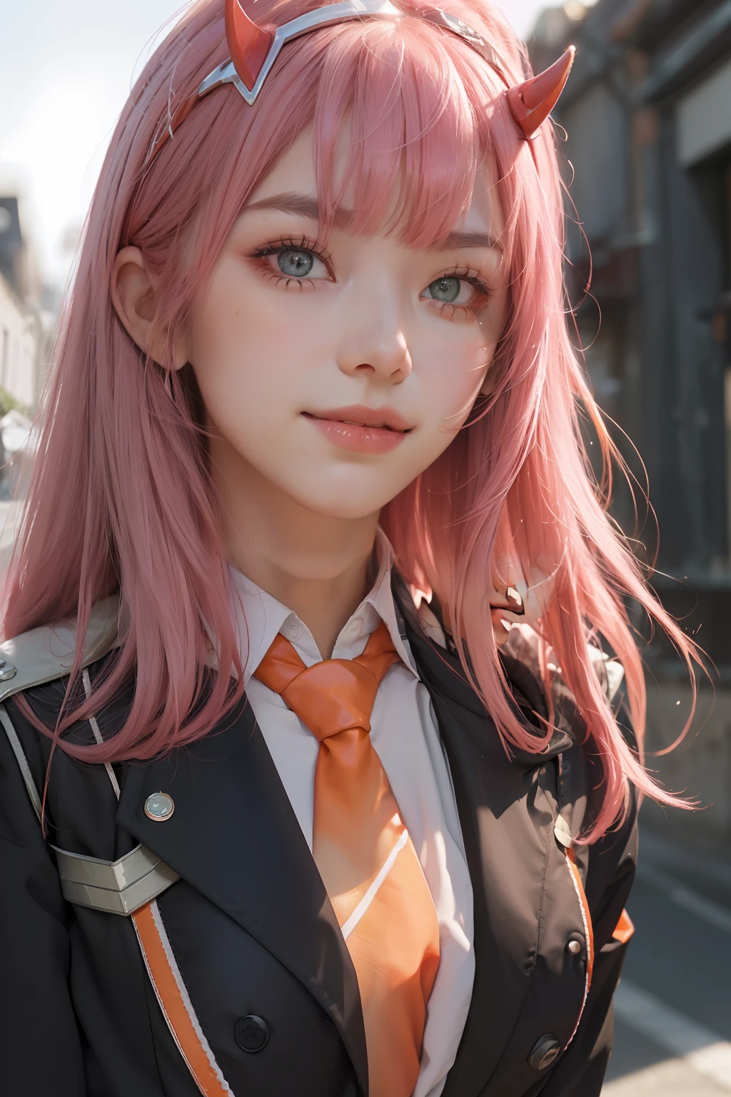 4k, raw camera, highres, masterpiece, portrait, aesthetic, beautiful, best quality, highly detaile, best quality clothing, aesthetic clothings, professional angle, rule of thirds, Feminine, delicate, beautiful, 19 years, attractive, solo, 1 girl, (Zero Two), (In an alley), (Upper Body, Close Up), ((From Looking at Viewer)), (Low Lighting), ((Smiling)), (Long Hair, Pink Hair, Very Straight Hair, Bangs, Blunt Bangs Hair, Little Red Oni Horns in hair), (Open Eyes, Aqua Eyes, DarkPink Eyeliner in Eyes, Very Cheerful Gaze), Soft Skin, (-), ((Standing, (Leaning Forward), Straight-On)), Beautiful Teeth, Perfect Teeth, White HairBand, (Half Open Mouth), (Natural Lips), (Medium Breast), ((Arms Behind Back, Hands Behind Back)), (Red Military Uniform, Full Black Tights, Necktie, Orange Necktie, Opaque Clothing, High Quality Clothing), (No Neckline), beautiful body, beautiful eyes, shiny eyes, shiny hair, beautiful mouth, beautiful lips, beautiful face, hd, matt suit