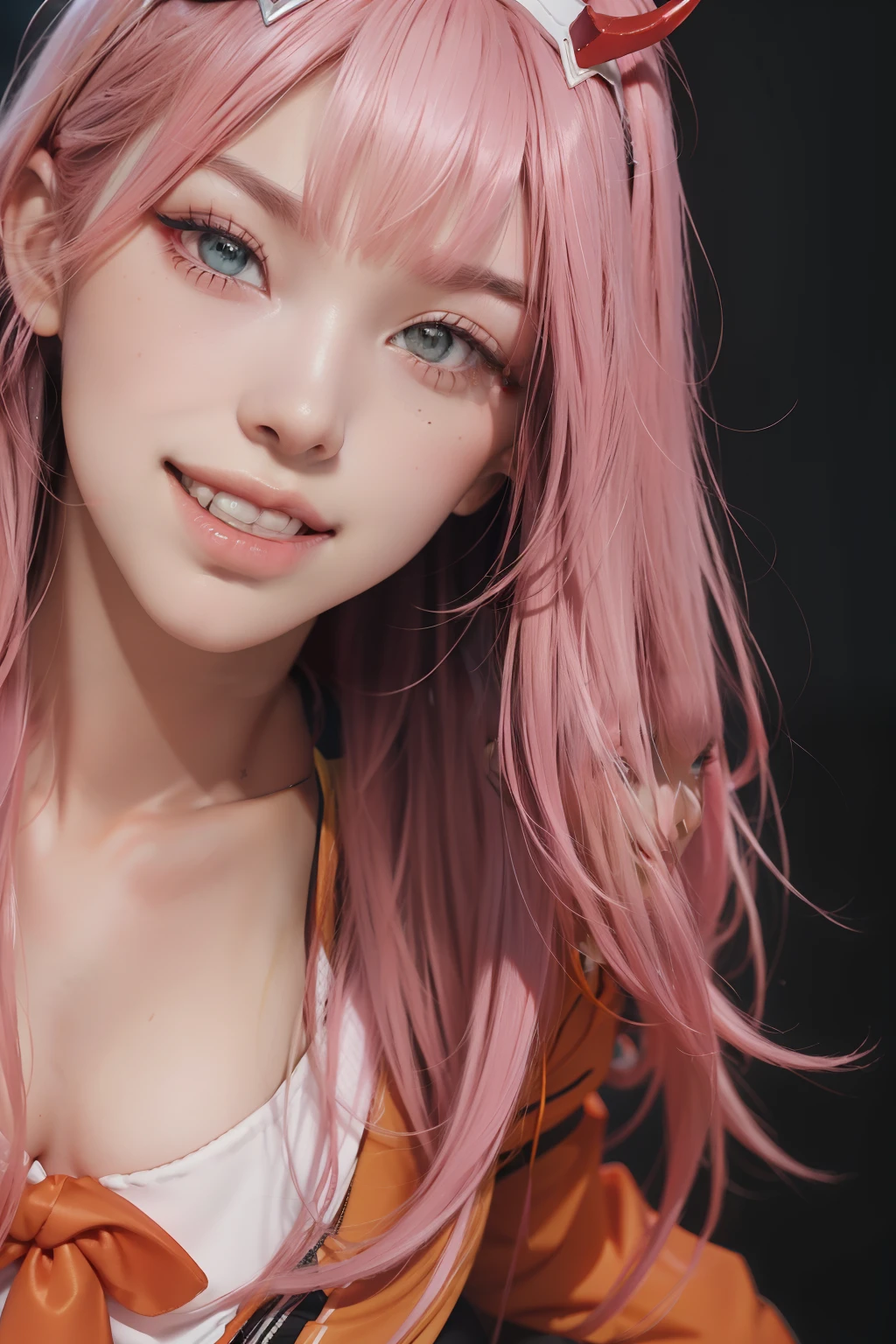 4k, raw camera, highres, masterpiece, portrait, aesthetic, beautiful, best quality, highly detaile, best quality clothing, aesthetic clothings, professional angle, rule of thirds, Feminine, delicate, beautiful, 19 years, attractive, solo, 1 girl, (Zero Two), (In an alley), (Upper Body, Close Up), ((From Looking at Viewer)), (Low Lighting), ((Smiling)), (Long Hair, Pink Hair, Very Straight Hair, Bangs, Blunt Bangs Hair, Little Red Oni Horns in hair), (Open Eyes, Aqua Eyes, DarkPink Eyeliner in Eyes, Very Cheerful Gaze), Soft Skin, (-), ((Standing, (Leaning Forward), Straight-On)), Beautiful Teeth, Perfect Teeth, White HairBand, (Half Open Mouth), (Natural Lips), (Medium Breast), ((Arms Behind Back, Hands Behind Back)), (Red Military Uniform, Full Black Tights, Necktie, Orange Necktie, Opaque Clothing, High Quality Clothing), (No Neckline), beautiful body, beautiful eyes, shiny eyes, shiny hair, beautiful mouth, beautiful lips, beautiful face, hd, matt suit