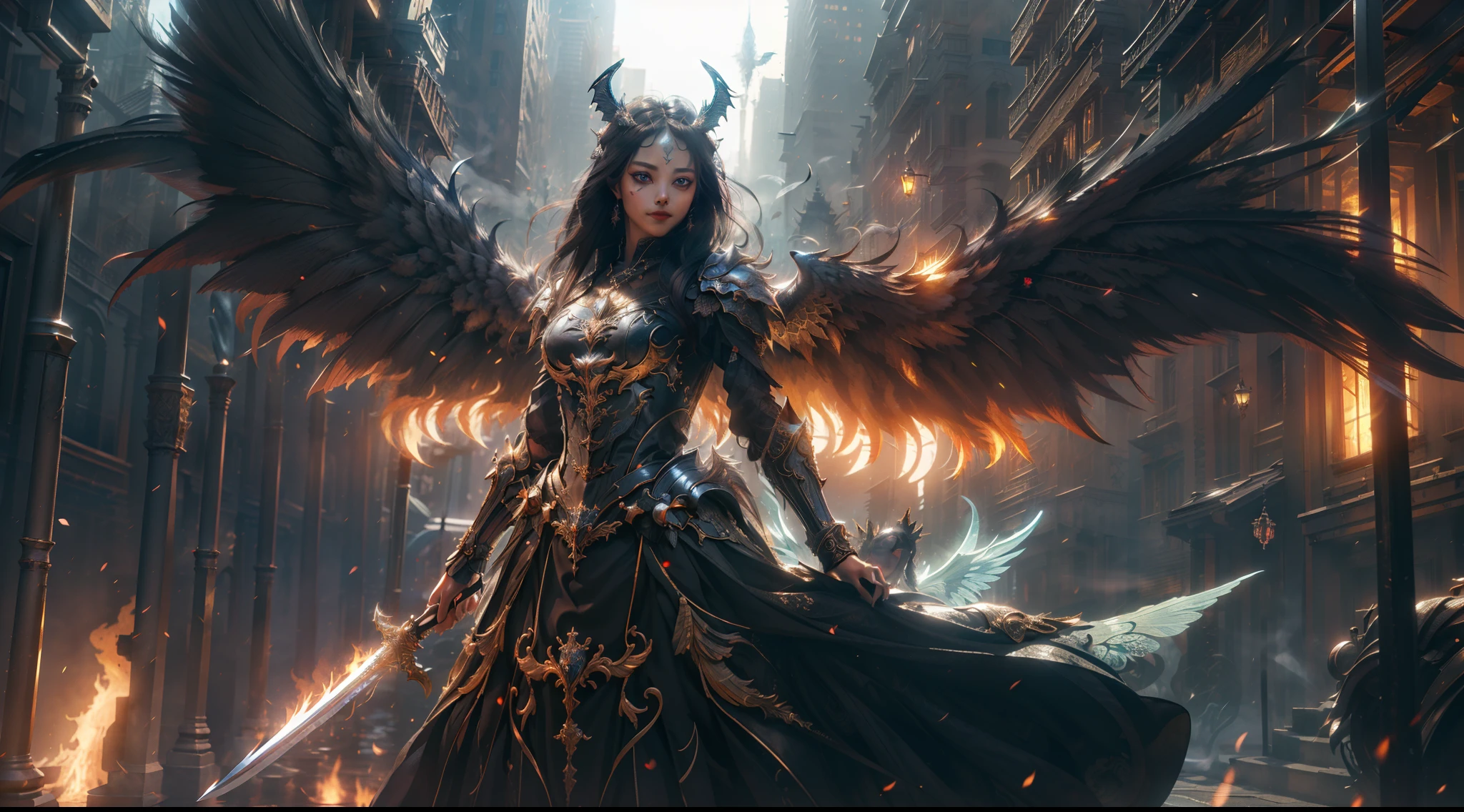 (Extremely detailed Cg Unity 8K wallpaper,Masterpiece, Best quality, Ultra-detailed, Beautiful detailed eyes:1.2),Best illumination, (Best shadow, An extremely delicate and beautiful, full bloom),
1girll,Solo,Dragon's horn，Large breasts，Heavy armor,Long hair,holdingsword,Angel wings,Black wings,(Big wings:1.4),Film filter,satan, Hellfire,full bodyesbian,demon,Flame,City at night，smog，steampunc，illusory engine， (High detail: 1.9)