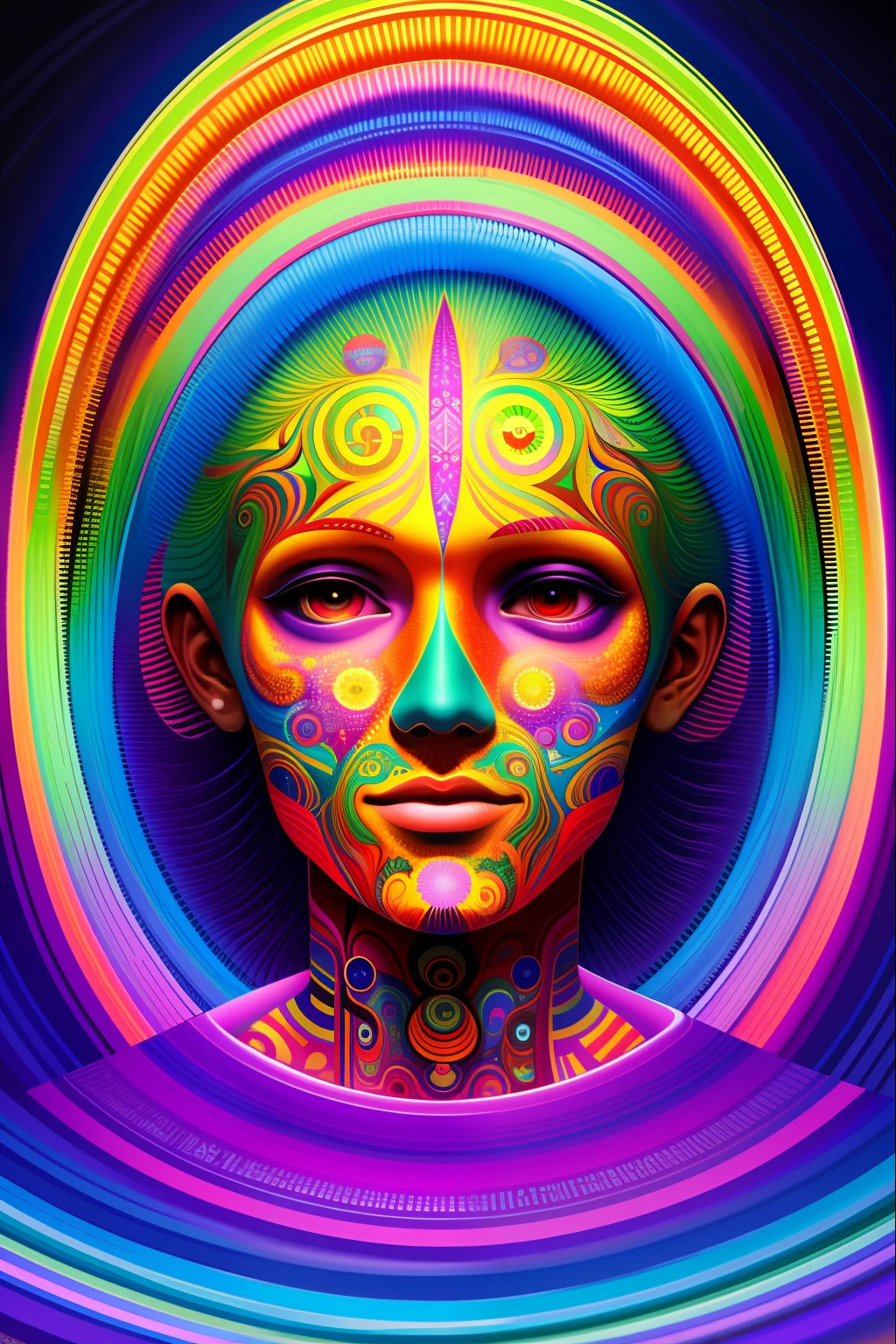 A woman with a colorful face and body painted in neon colors - SeaArt AI