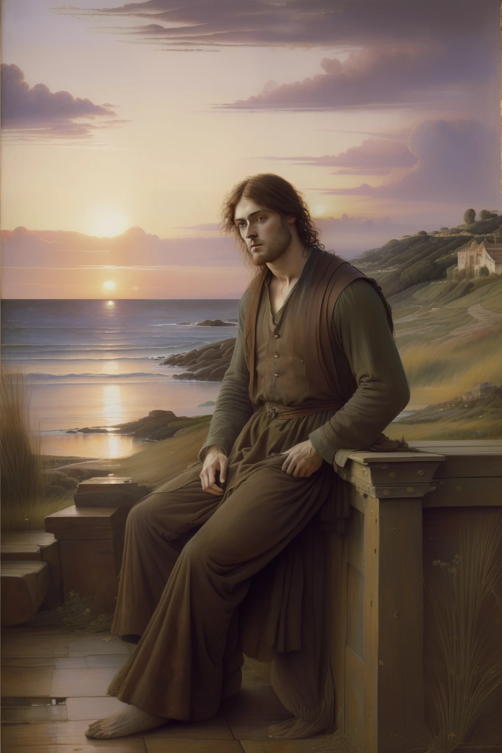 (((Peinture préraphaélite d&#39;un homme rustique à l&#39;air fatigué et mélancolique, Voir le coucher de soleil sur la mer triste, tenue à carreaux)))