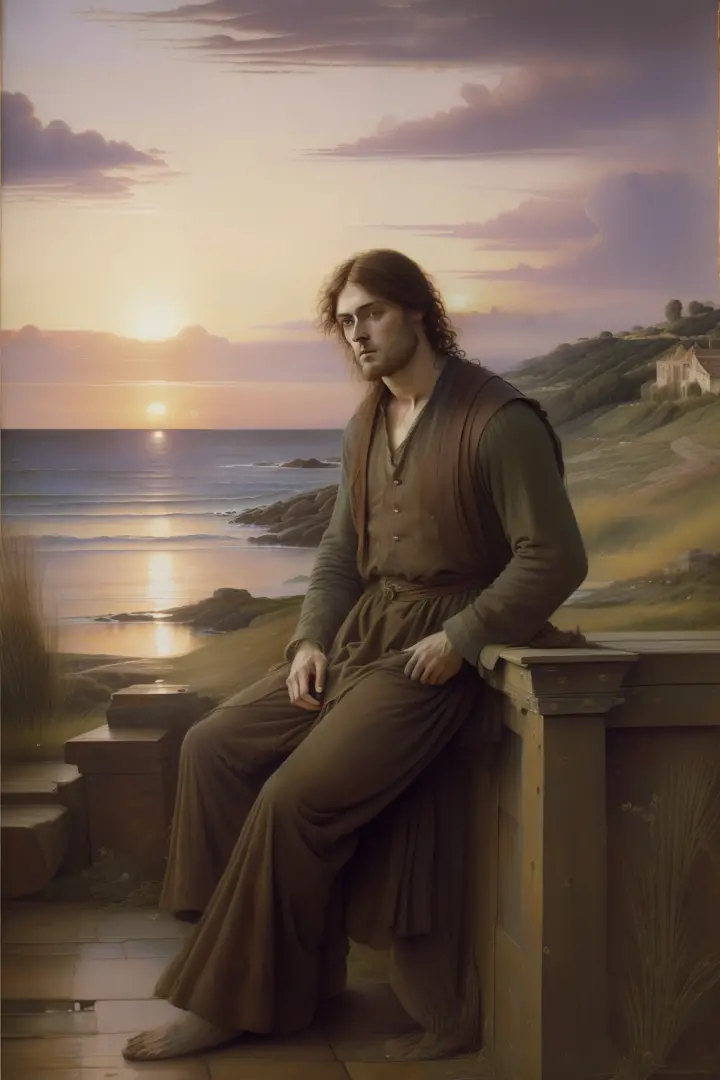 (((Pre-Raphaelite painting of a rustic man looking tired and melancholy, See the sunset on the sad sea, roupa xadrez)))