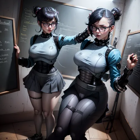 a cartoon picture of a woman in a school uniform is standing in front of a chalkboard, realistic schoolgirl, hyperrealistic scho...