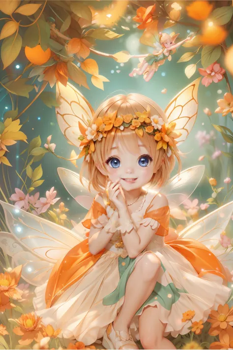 Cute fairy with a sense of transparency、Bright smile、Have fun playing、Beautiful background、Bright background、Orange background