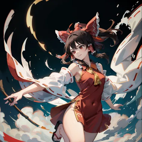 Anime art of Bo Li Reimu wearing traditional Chinese costume, 1girl in, Solo, breasts, Hair Bow, Detached sleeves, Bow, chinese ...