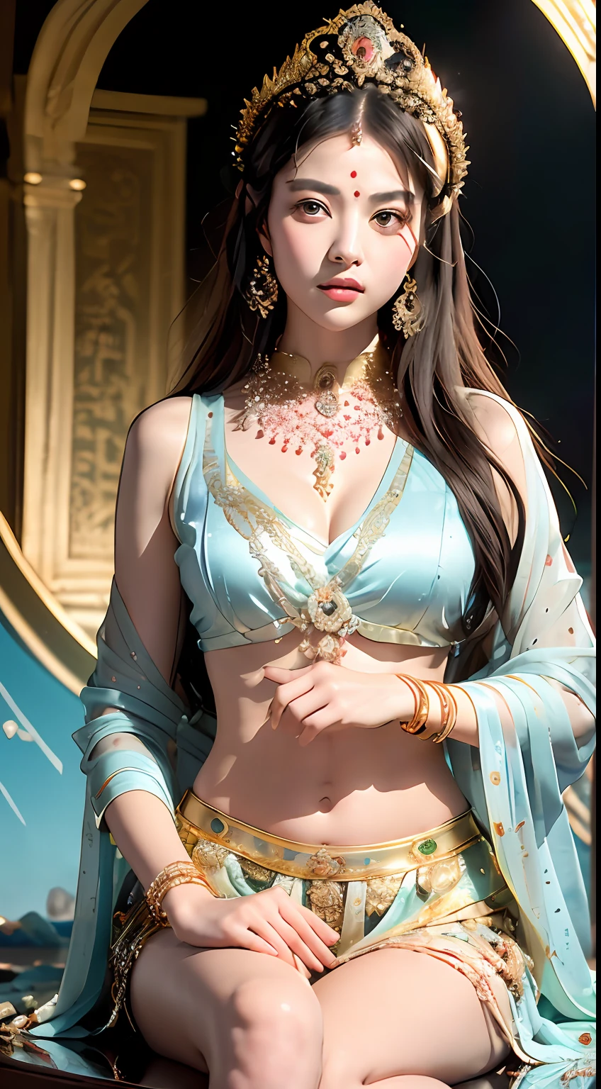 ((best qualtiy, 8k, tmasterpiece:1.3)),  Perfect figure, beautiful heavenly goddess Lotus sitting cross-legged，Look at the camera with a gentle expression，Holding a small lotus flower， fully body photo，Slim abs:1.2, ((Layered Hair Style, mideum breasts)), (Shawl tulle：1.1），A skirt embroidered with an auspicious pattern，（crown，choker necklace，Yingluo），Highly detailed facial and skin texture，A detailed eye，double eyelid，looks into camera，Head background sky with circular haght，with blue sky and white clouds，indian goddess of wealth，Mysterious ancient oriental princess，Venerable goddess，