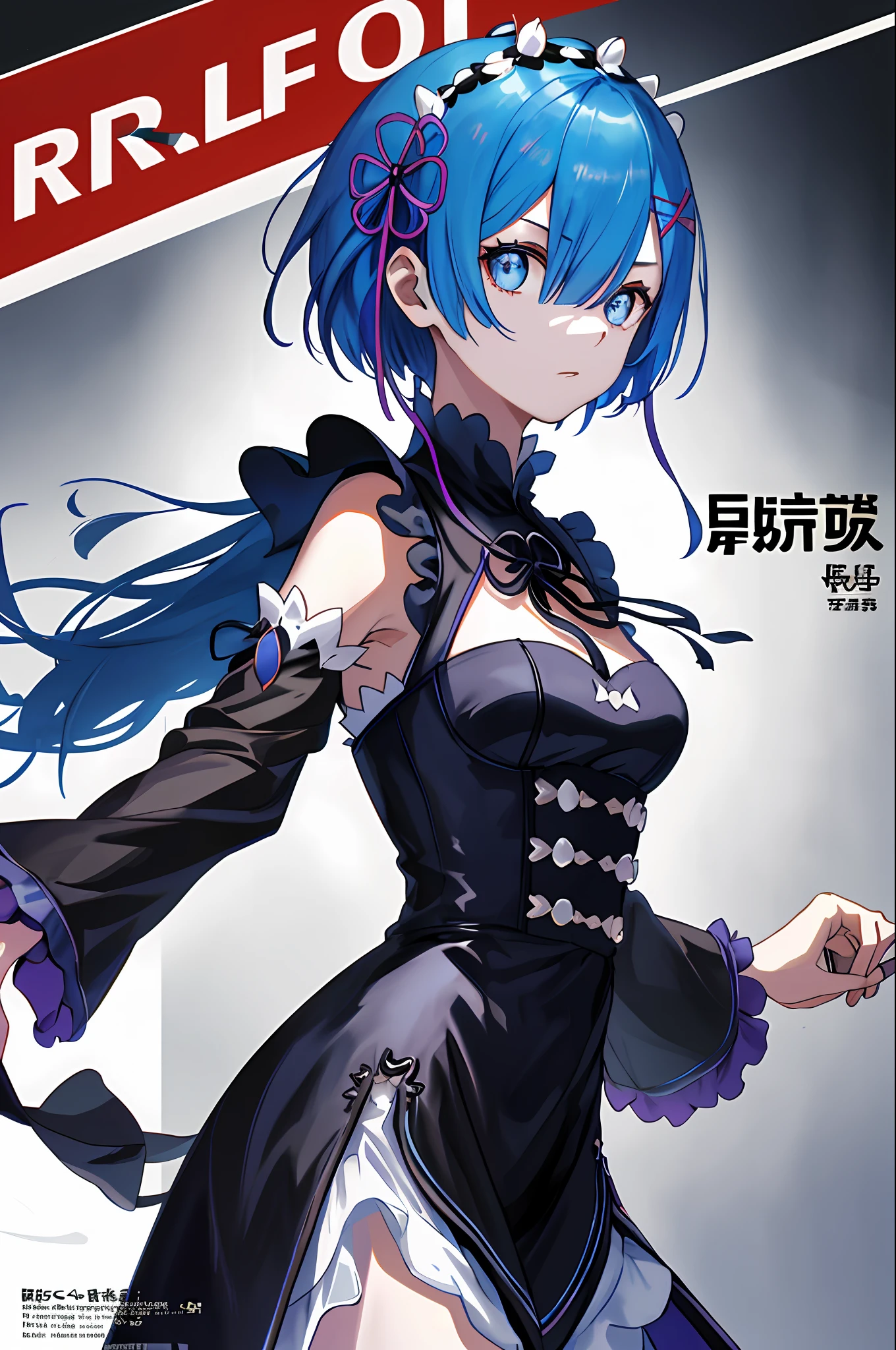 "Blue hair，rem（Re：Zero），[ssmile]，Be red in the face，Castle view，tmasterpiece，best images quality，best illuminate，A single girl in a dress，moderately sized breasts，shyexpression(((dramatic))), (((gritty))), (((intense))) The movie poster features a young woman as the central character。She stands confidently in the center of the poster，Dress in fashion-forward clothing，with a determined expression on her face。The background is dark and gritty，There is a sense of danger and a strong feeling。The text is bold and eye-catching，With catchy slogans，Adds to the overall drama and excitement。The color palette is dominated by dark colors，Dotted with bright colorake the poster dynamic and visually striking，tachi-e (magazine:1.3), (cover-style:1.3), fashionable, woman, vibrant, outfit, posing, front,rich colourful，dyna，Background with，element in，self-assured，Expressing the，halter，statement，attachment，A majestic，coil，Runt，Touching pubic area，Scenes，text，Cover of a，boldness，attention-grabbing，titles，Fashionab，typeface，Catchy，titleore big，smart、moderno、Trendy、focus-on、Fashionab