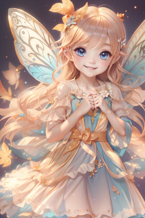 Cute fairy with a sense of transparency、Bright smile、Have fun playing、Beautiful background、Bright background、Orange background